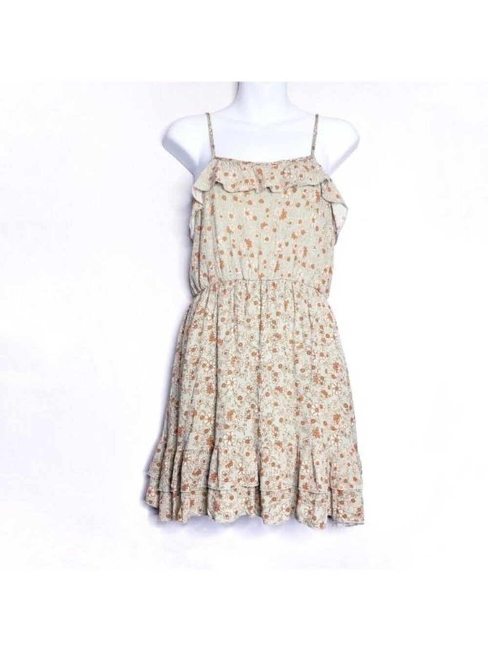Altar'd State Green Floral Ruffle Spaghetti Strap Mini Dress Women's Size Medium
